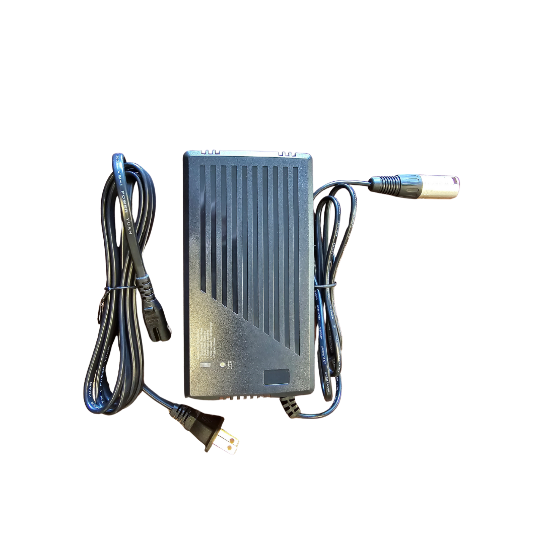 The Golden Tech 3.5 AMP Replacement Charger for scooters and power chairs, shown in black with an attached AC plug and circular connector, is compatible as a Buzzaround scooter charger against a white background.